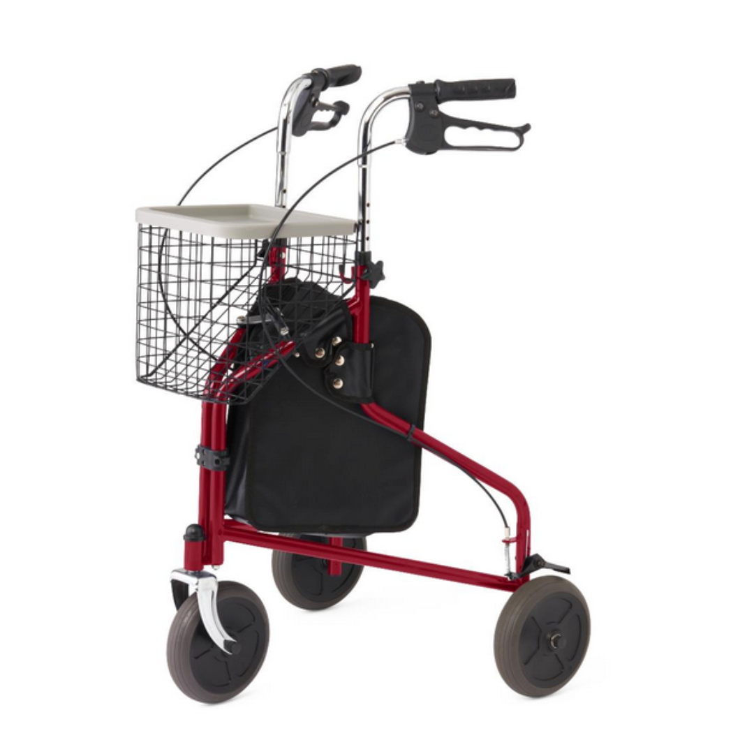 The Medline 3-Wheel Steel Rollators - Lightweight and Folding features a vibrant red design with all-terrain wheels, black handles, and a convenient foldable frame; it includes a black basket and pouch for essentials.